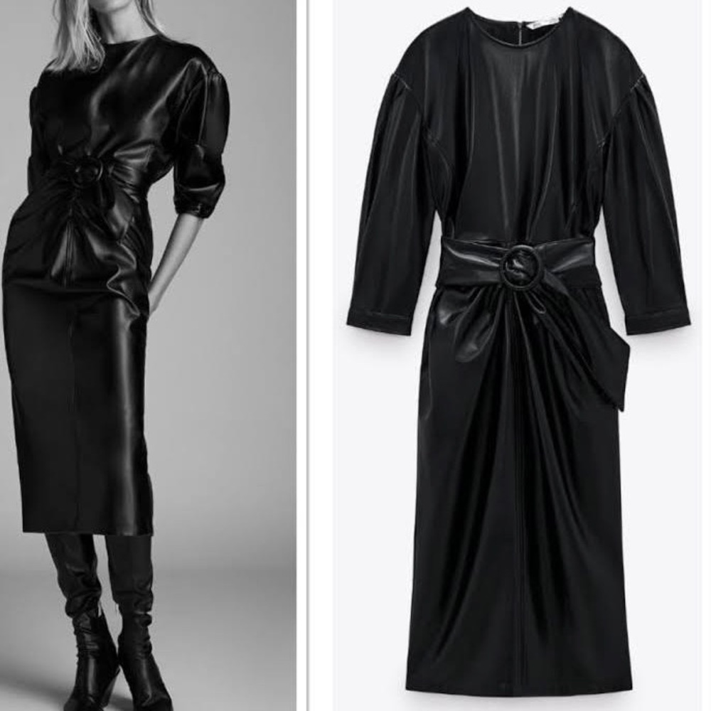 ✨ZARA | Black Faux Leather Belted Midi Dress 🖤✨